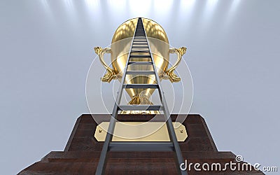 Step ladder leading to the big award cup. Hard way to success. Conceptual creative illustration with copy space. 3D rendering Cartoon Illustration