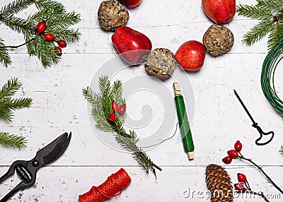 Step 3. Making a small bouquet with fir and rose hip twigs for decorating a bird feeder wreath. Children education concept. Stock Photo