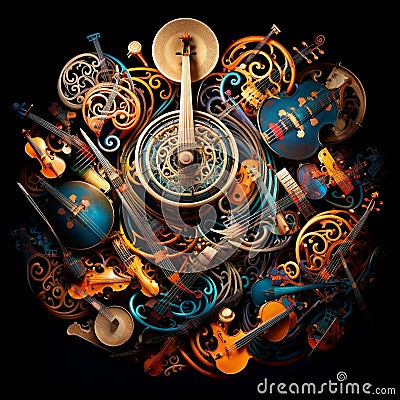 Cadence Kaleidoscope: An Alluring Array of Musical Instruments Stock Photo