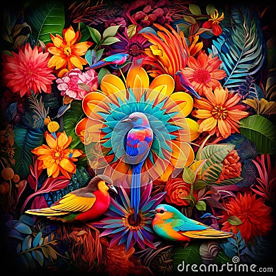 Vibrant Flora and Fauna Kaleidoscope Stock Photo