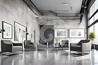 modern business reception room featuring a grey concrete floor and few contemporary armchairs. Stock Photo