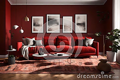 modern living room oasis with this interior mockup featuring a bold red couch set against an empty, chic dark red Stock Photo