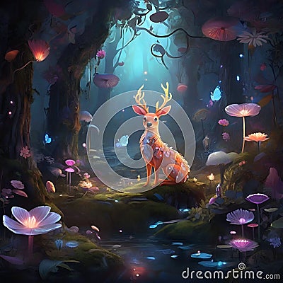 mystical forest with glowing flora and whimsical creatures. Stock Photo