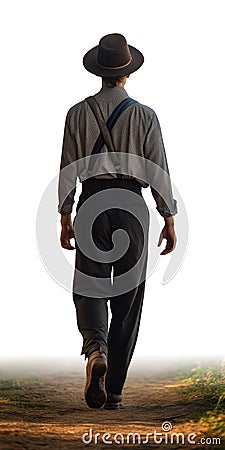 Rear view of a man walking on a dirt road in the countryside. Amish man walking away. Cartoon Illustration