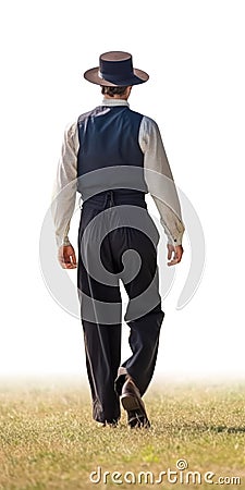 young amish man rear view walking away. wearing time period costumes. Cartoon Illustration