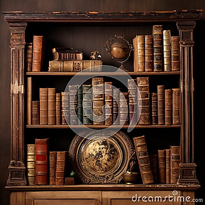 Weathered Antique Bookshelf with Dusty Books Stock Photo