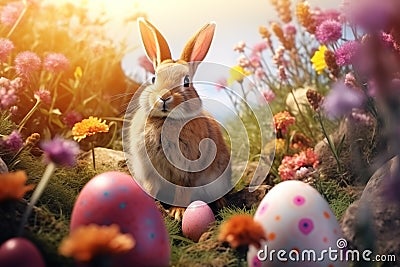 Pastel Paradise: Cute Easter Bunny Amidst a Radiant Spring Scene with Colorful Eggs. Generative AI Stock Photo