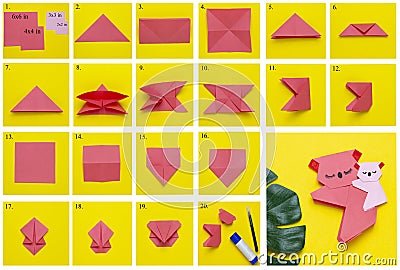 Step-by-step photo guide on how to bookmark an origami book in the form of a pink koala. DIY concept. Children`s creativity Stock Photo