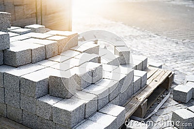 Garden brick pathway paving by professional paver worker. Laying gray concrete paving slabs in house courtyard on sand foundation Stock Photo