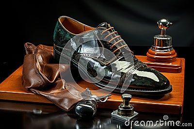 step-by-step process of polishing shoes in sequence Stock Photo