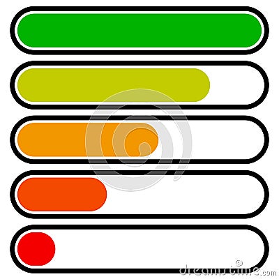 5-step progress, load bars in sequence. Step, phase, level, comp Vector Illustration