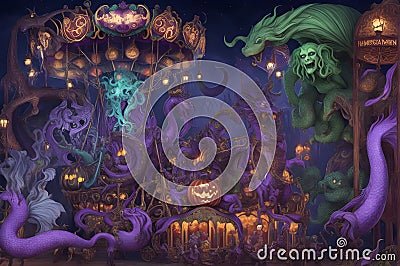 Mythical Creatures Carnival: Whimsical Halloween Fantasy with Mermaid Carousel, Chimera Haunted House, and Kraken Roller Coaster. Stock Photo