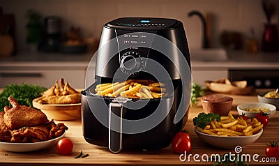 Modern Kitchen Delights Black Oil-Free Air Fryer and Delicious Crispy Creations Stock Photo