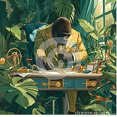 Fashionable Simian in Jungle Atelier: A High-End Tailoring Experience with an Unusual Twist. Stock Photo