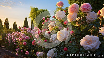 Regal Roses Reverie: A Meticulously Crafted Classic English Rose Garden, an Ode to Nature's Majestic Beauty - AI Generative Stock Photo
