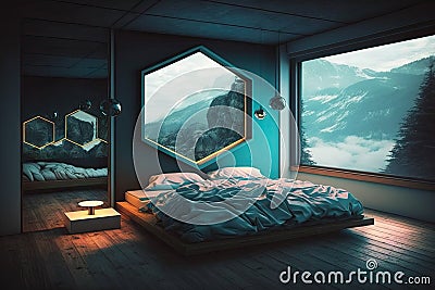 Interior of a modern bedroom with blue walls and wooden floor Stock Photo