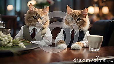 AI-Generated: Two Elegant Businessmen Cats Waiting at a Cafe Table Stock Photo