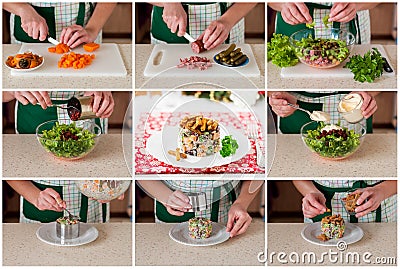 A Step by Step Collage of Making German Christmas Salad Stock Photo