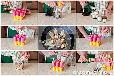 A Step by Step Collage of Making Iced Tea Cheesecake Popsicles Stock Photo