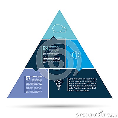 Step by step diagram. Flat triangle with color sections. Triangle scheme, chart, graph, options banner with parts. Vector Illustration