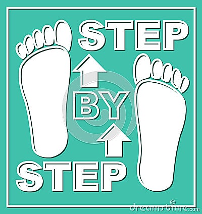 Step by step emblem. Presentation graphic element for working process in steps. Pictogram with white foot traces and arrows on whi Vector Illustration