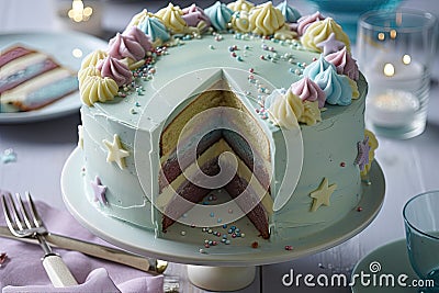 step-by-step guide to making whimsical frosted cake, with swirls, stars and other decorations Stock Photo