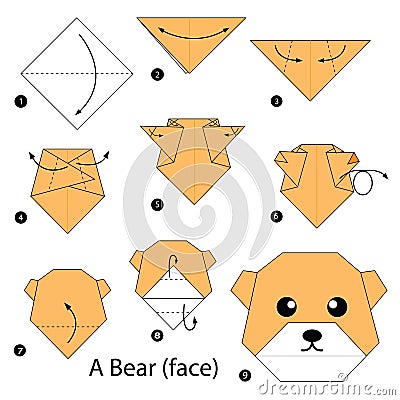 Step by step instructions how to make origami A Bear (face). Vector Illustration