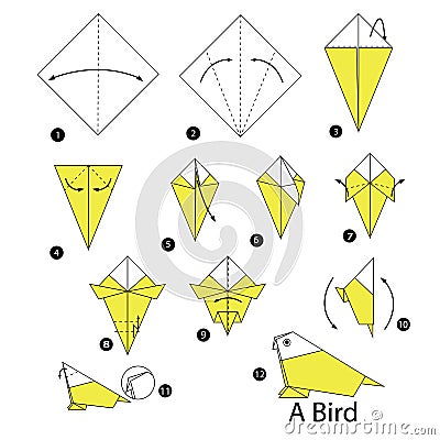 Step by step instructions how to make origami A Bird. Vector Illustration