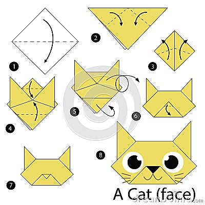 Step by step instructions how to make origami A Cat. Vector Illustration