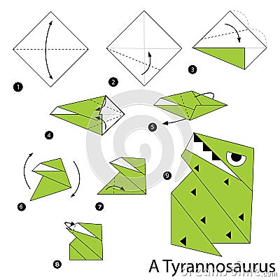 Step by step instructions how to make an origami a dinosaur. Vector Illustration