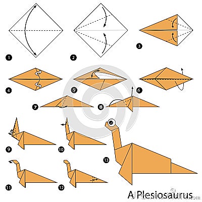 Step by step instructions how to make an origami dinosaur. Vector Illustration