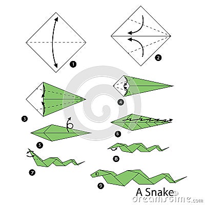 Step by step instructions how to make origami snake. Vector Illustration