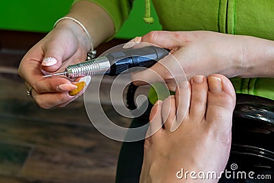 Step-by-step pedicure at home. Concept of toenail care Stock Photo