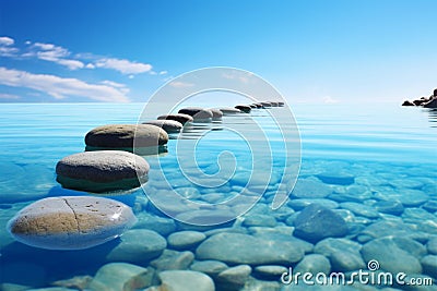 Step stones create a serene pathway in the calm blue water, embodying Zen Stock Photo