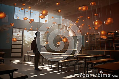 Step into a surreal classroom where students Stock Photo