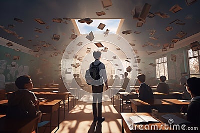 Step into a surreal classroom where students Stock Photo