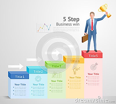 5 step to business win concept. Businessman Men standing holding gold trophies on top infographics Vector Illustration