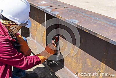 Step to use brush apply Liquid Penetrant into the welded for Non-Destructive Testing& x28;NDT& x29; with process Penetrant Testing Stock Photo