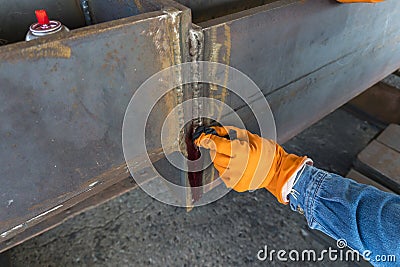 Use rag wipe Solvent Remover to cleaning the welded surface Stock Photo