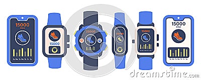 Step tracking. Set of Smartphone and Smart watch with pedometer app. Step counter on digital elements. Smartphone screen with Vector Illustration