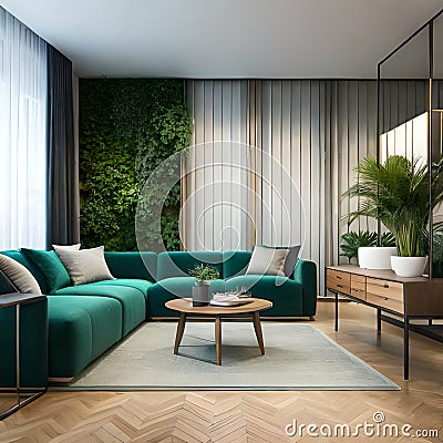 Green living room with house plants, a parquet floor, and a vertical garden AI GENERATED Stock Photo