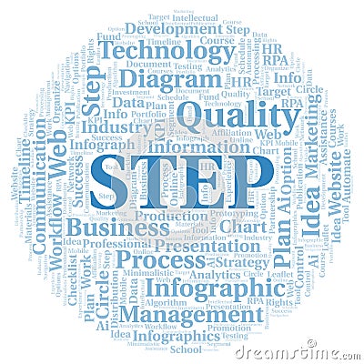 Step typography word cloud create with the text only. Stock Photo