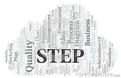 Step typography word cloud create with the text only. Stock Photo