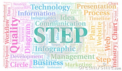 Step typography word cloud create with the text only. Stock Photo