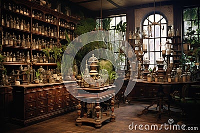 Step into a whimsical room bursting with greenery as bottles and plants create an enchanting atmosphere, Interior of a 19th Stock Photo