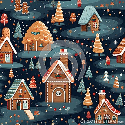 Gingerbread Village in Christmas, New year and other holidays with seamless pattern Cartoon Illustration