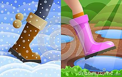 Step from winter to spring. Changing of seasons concept Vector Illustration