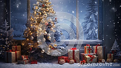 Enchanting Christmas Tree with Snow, Decorations, and Gift Boxes - Festive Holiday Magic Stock Photo
