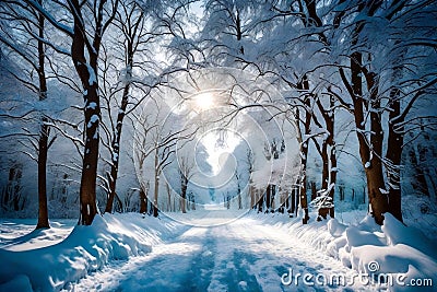 Serene landscape with snow-covered trees and a meandering path Stock Photo