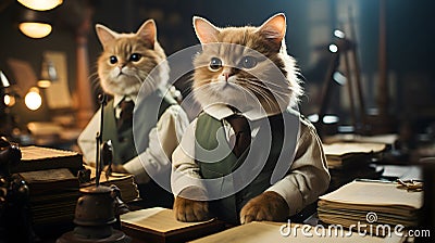 Two Cats in Business Attire Amidst Administrative Work in a Printing Office AI Generated Stock Photo